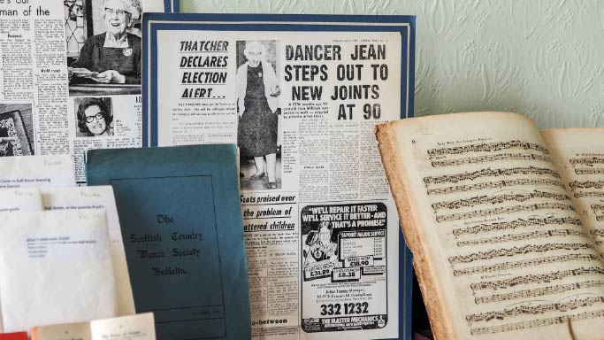 Photo of old Scottish Country dancing books, music sheets, articles from the Royal Scottish Country Dance Society's Archive