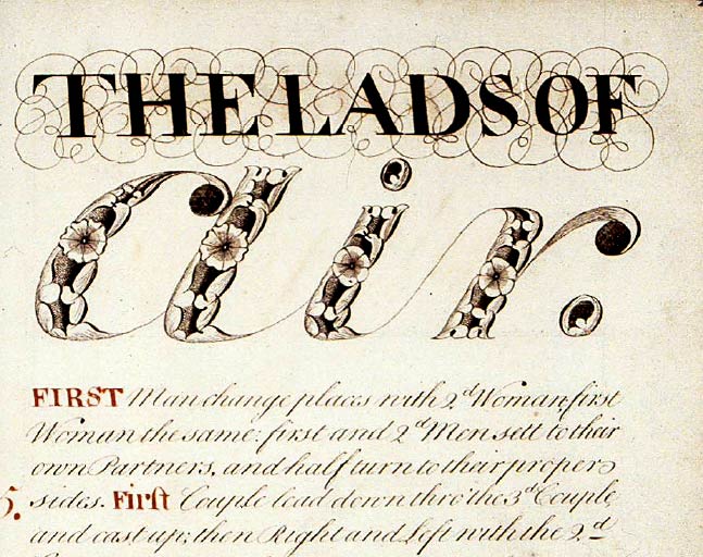 Part of a scan of an old Scottish country dance called The Lads of Air written in a calligraphy on yellow paper
