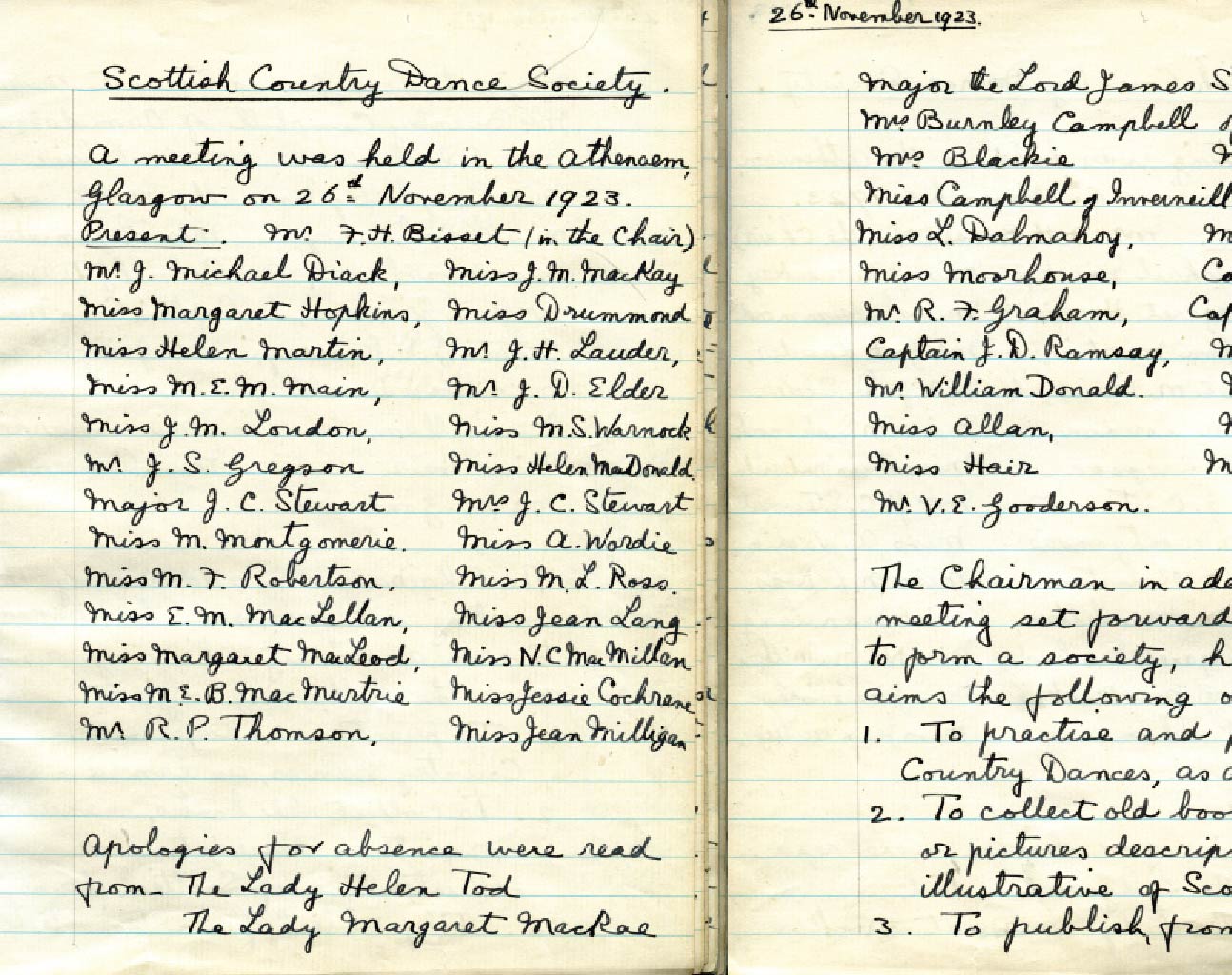 Scan of the minutes from the first Royal Scottish Country Dance Society's meeting in Glasgow in 1923